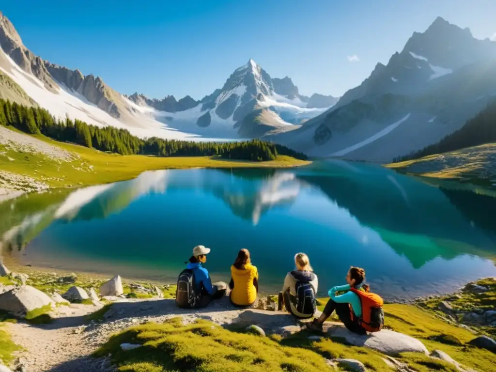 Un grupo de excursionistas llena sus botellas con agua cristalina de un lago alpino, usando purificadores de agua portátiles durante su viaje