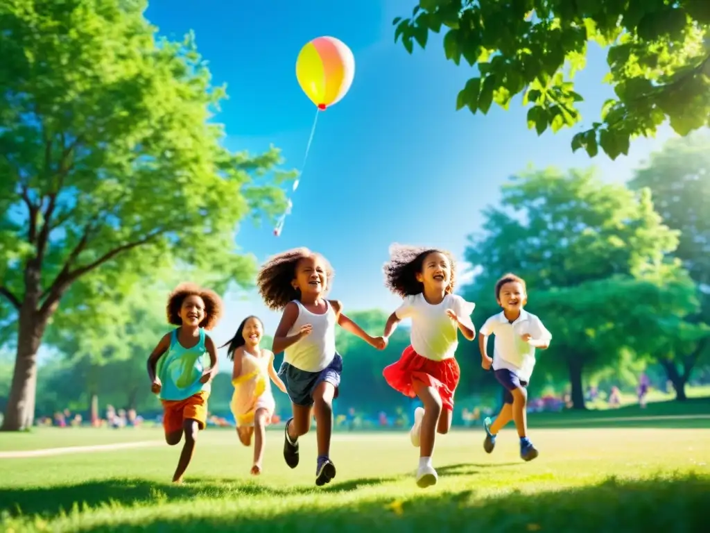 Un grupo de niños jugando felices en un parque verde y soleado, con globos de colores flotando