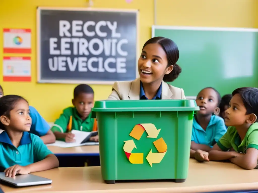 Grupo de niños aprendiendo sobre la importancia del reciclaje de electrodomésticos en un aula colorida y enérgica