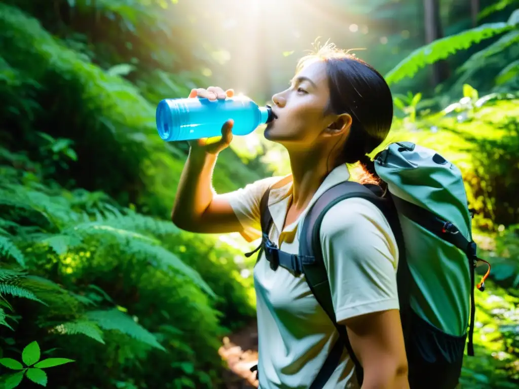 Un hiker confiado usa un purificador de agua portátil en un bosque remoto