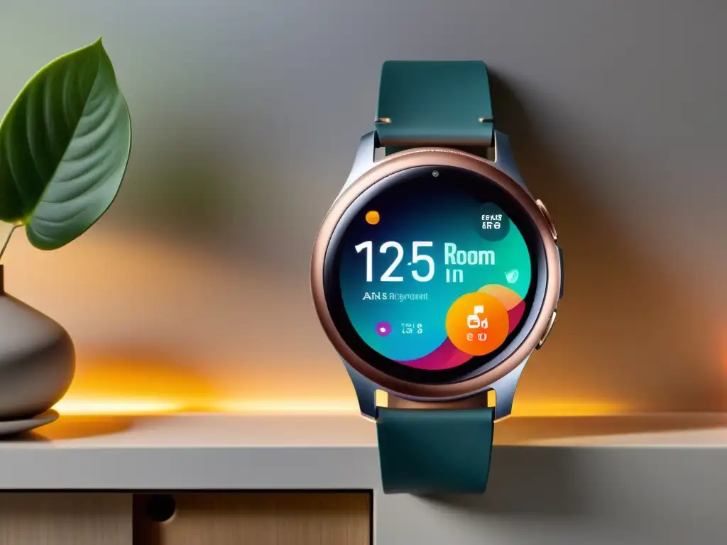 Smartwatch Samsung Galaxy Watch para hogar en ambiente futurista con gadgets y luz natural cálida