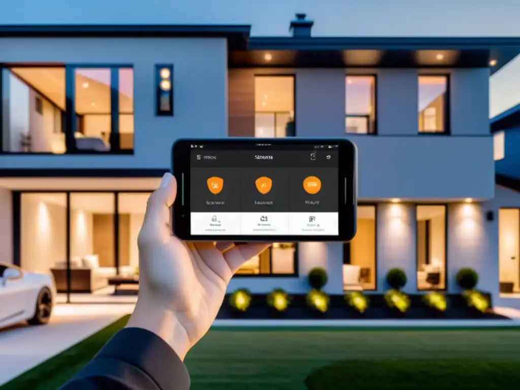 Protege tu hogar con tecnología: cámaras negras de seguridad en casa moderna, integración con smartphone en vecindario tranquilo al atardecer