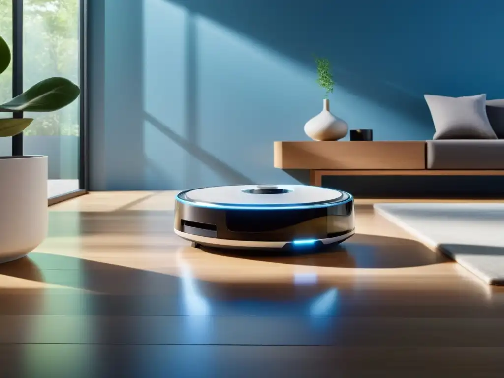 Un hogar conectado con un robot aspirador iluminado en azul, limpiando el suelo en un ambiente cálido y minimalista