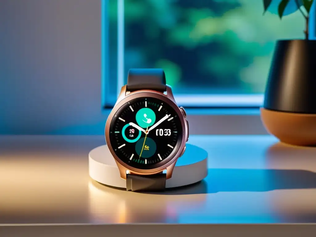 Smartwatch Samsung Galaxy Watch para hogar en elegante interior minimalista, mostrando control de hogar en pantalla