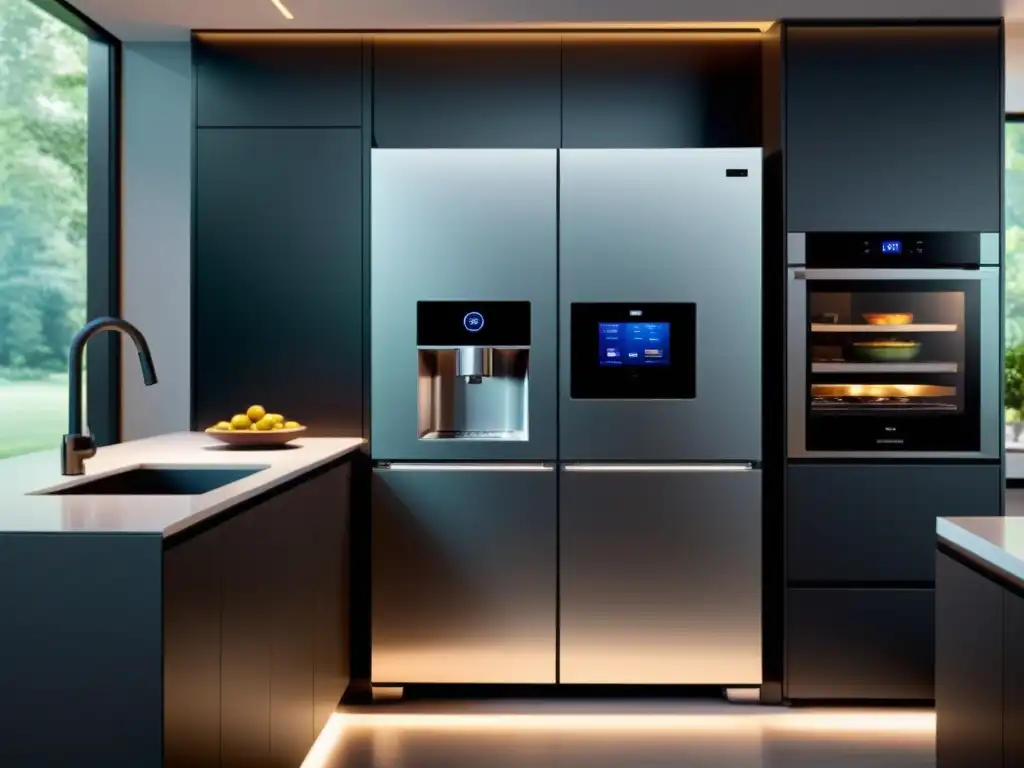 Un hogar del futuro con electrodomésticos inteligentes integrados en una cocina moderna y elegante