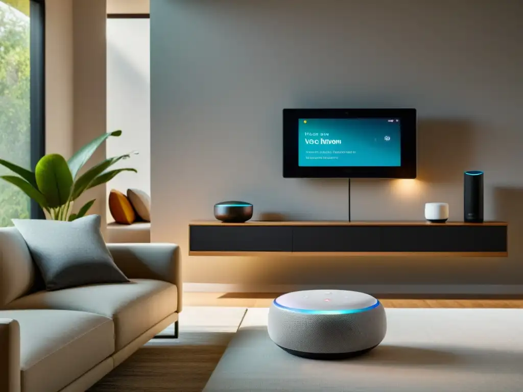 Hogar inteligente con Alexa, Google Home y Siri: sala moderna con dispositivos integrados, iluminación ambiental y control de temperatura