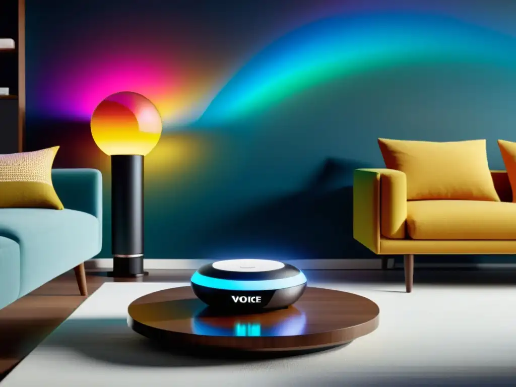 Automatización del hogar con Alexa: Sala moderna con dispositivos inteligentes integrados y controlados por voz, transmitiendo comodidad y modernidad