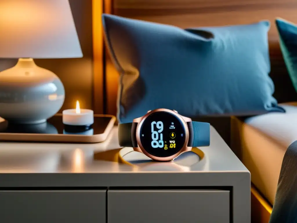 Smartwatch Samsung Galaxy Watch para hogar en moderna mesita de noche, con ambiente acogedor y control de hogar personalizado en pantalla