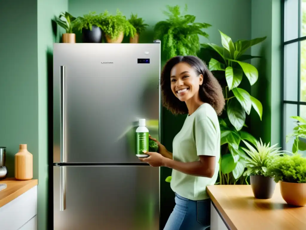 Un hogar moderno y sostenible: persona sonriente usando productos ecoamigables para el mantenimiento de un refrigerador eficiente rodeado de plantas verdes exuberantes