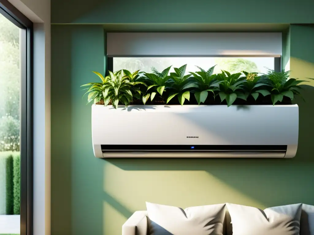 Un hogar sostenible con unidad de aire acondicionado moderna y eficiente, integrando tecnología y armonía con la naturaleza