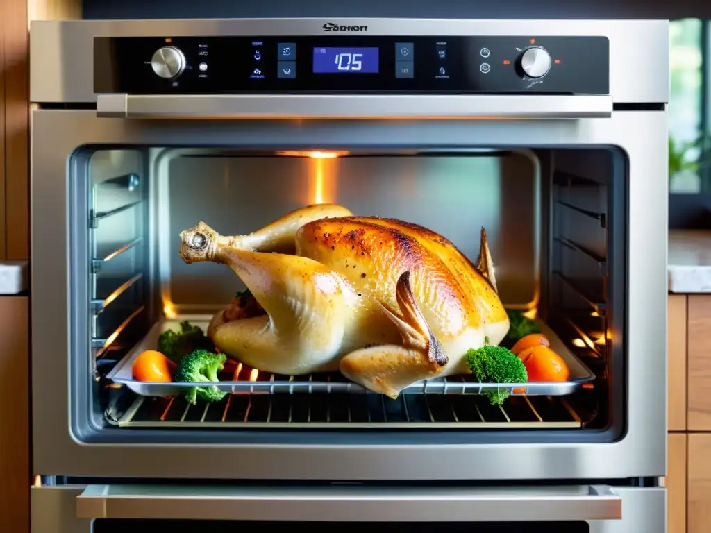 Un horno de acero inoxidable con tecnología de preservación de nutrientes, iluminado con luz cálida, muestra un pollo asado y vegetales vibrantes