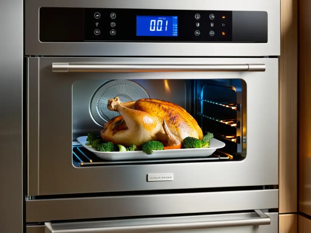 Un horno de convección HIJ mostrando un delicioso pollo dorado rodeado de vegetales asados, resaltando los beneficios del horno de convección HIJ