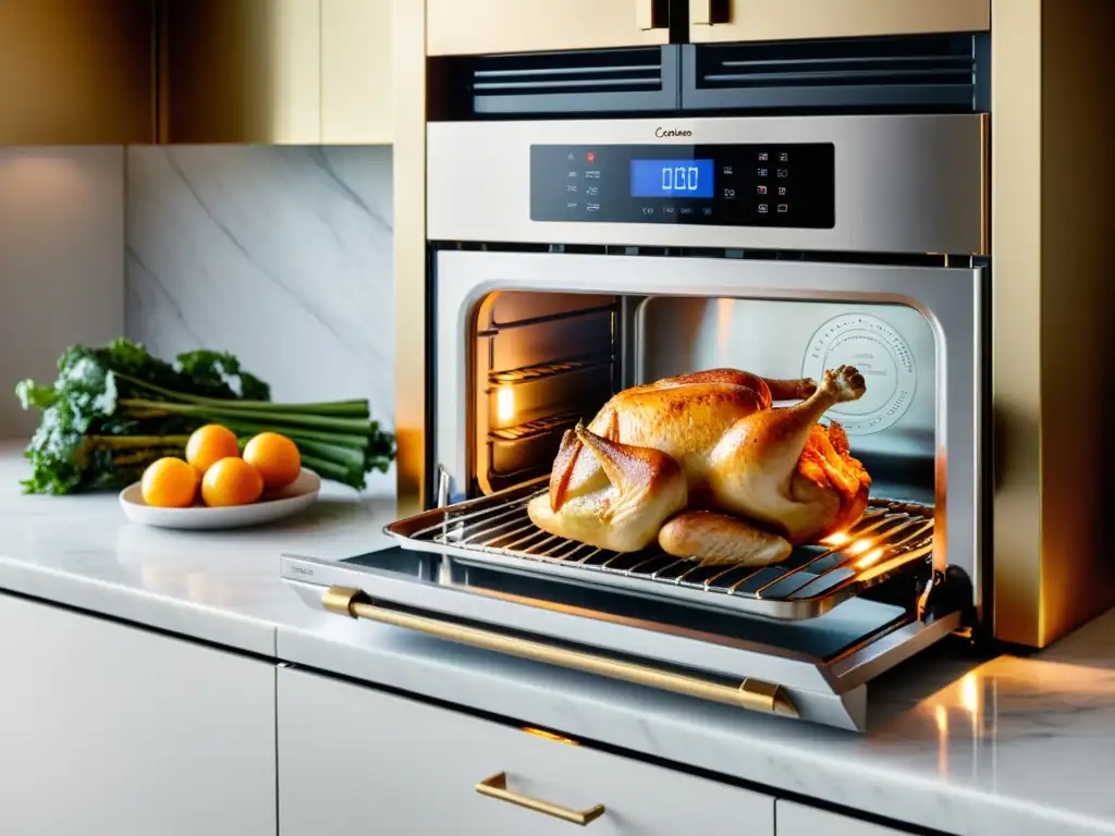 Un horno de convección HIJ iluminado, mostrando deliciosos platillos en una cocina moderna y elegante