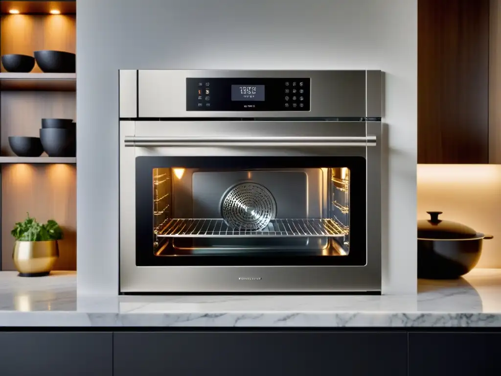 Un horno inteligente conectado con un diseño moderno y elegante, iluminado con luces LED suaves en una cocina contemporánea de alto nivel