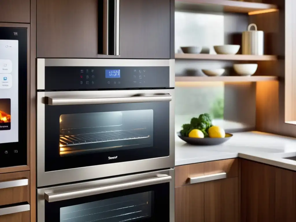 Un horno inteligente conectado iluminado con pantalla táctil y control remoto, en una cocina moderna de diseño minimalista