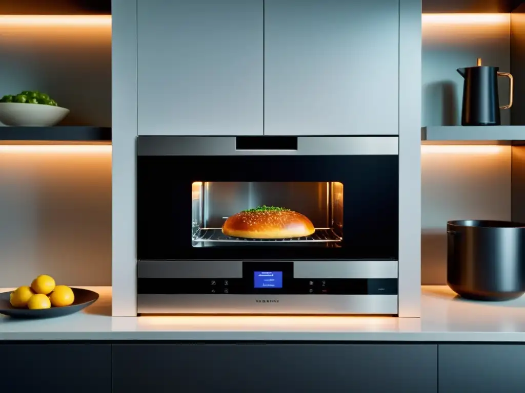 Horno inteligente conectado con pantalla digital en una cocina moderna, rodeado de electrodomésticos de acero inoxidable y luces LED empotradas