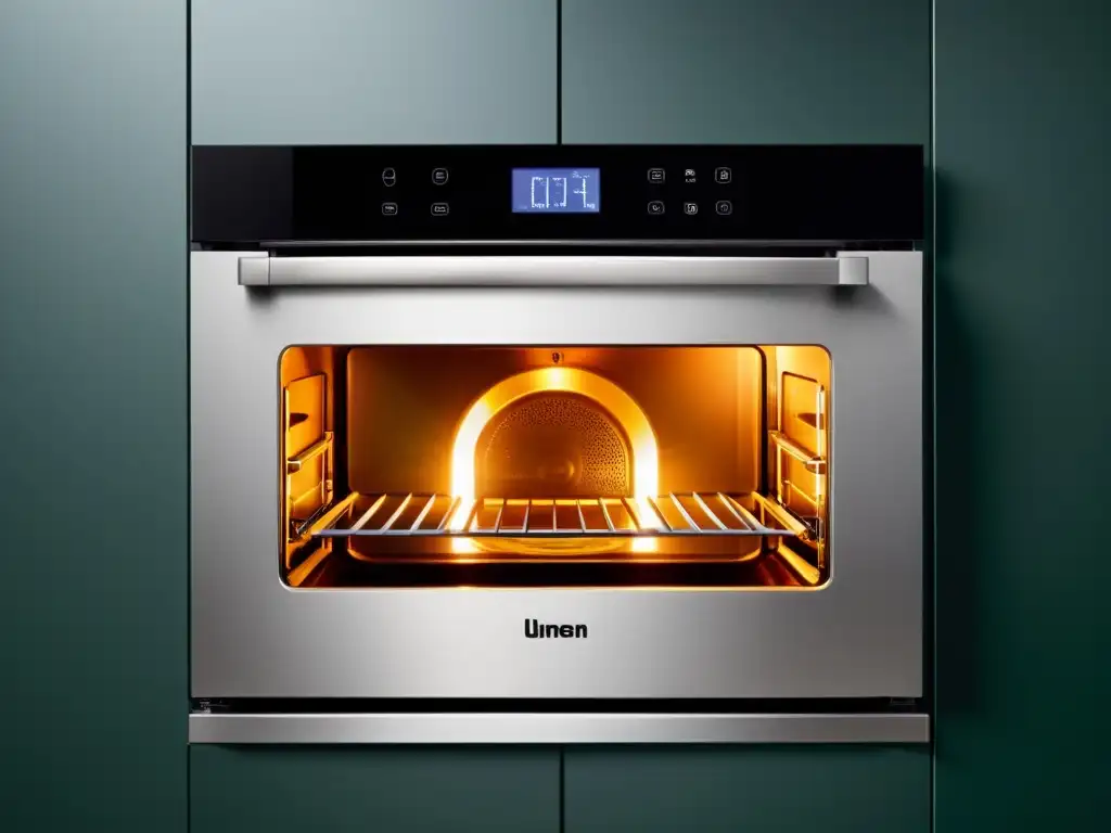 Un horno inteligente con diseño moderno y tecnología de optimización energética, ideal para cocinas contemporáneas