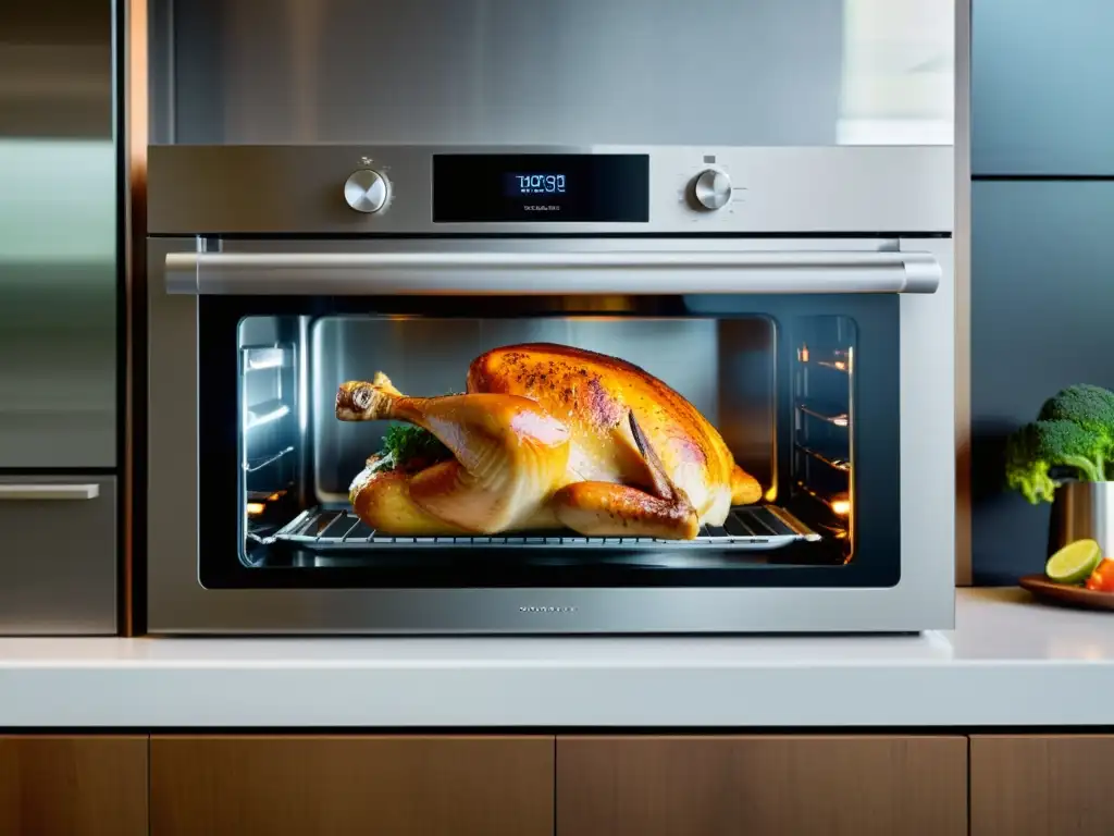 Un horno inteligente futurista con un diseño minimalista y un pavo asado en su interior