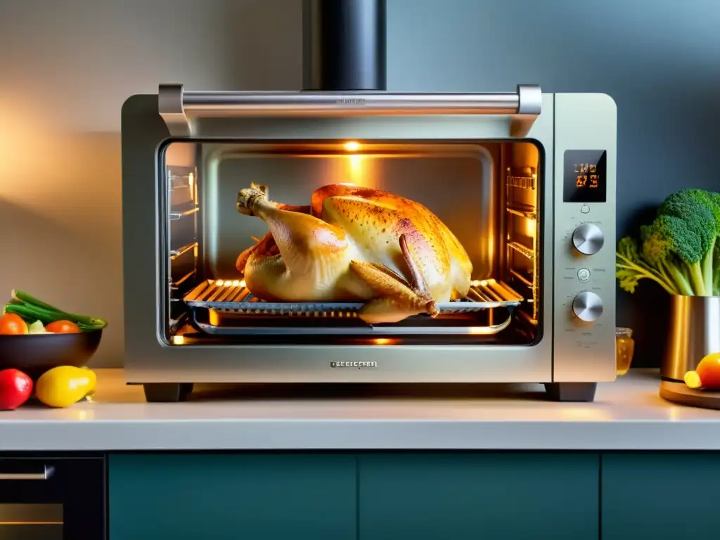 Un horno inteligente moderno muestra estadísticas de optimización energética mientras asa un delicioso pollo con vegetales