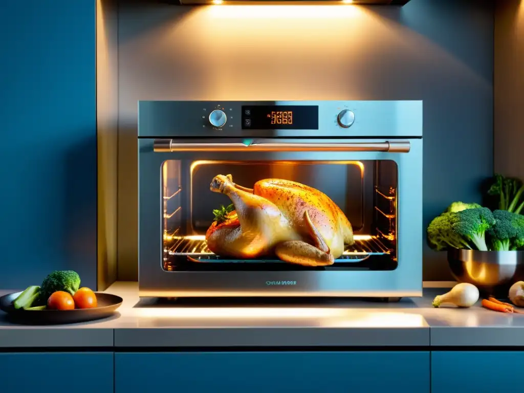 Un horno inteligente moderno muestra un pollo asado y verduras, en una cocina minimalista