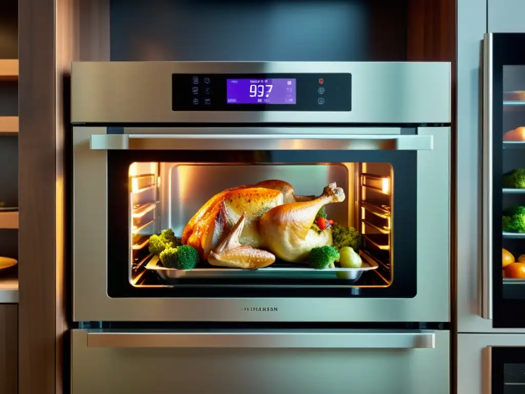 Un horno inteligente moderno muestra un pollo asado y verduras, con estadísticas de optimización energética en su pantalla digital