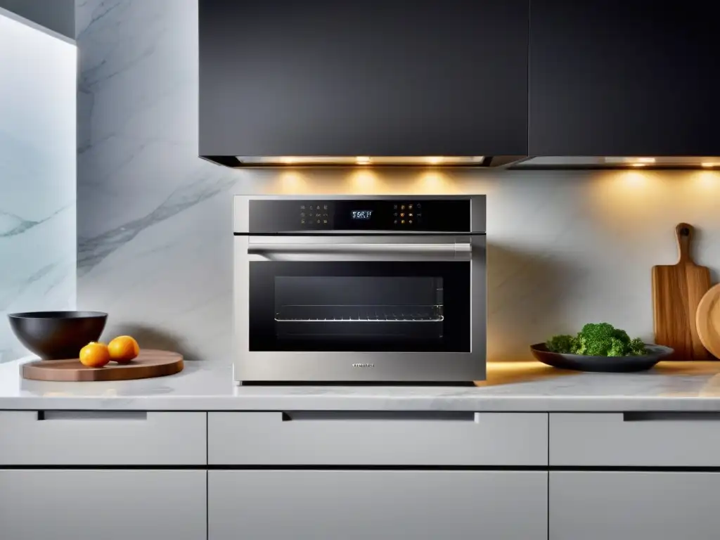 Horno inteligente con tecnología avanzada en una cocina minimalista con iluminación ambiental cálida y elegante