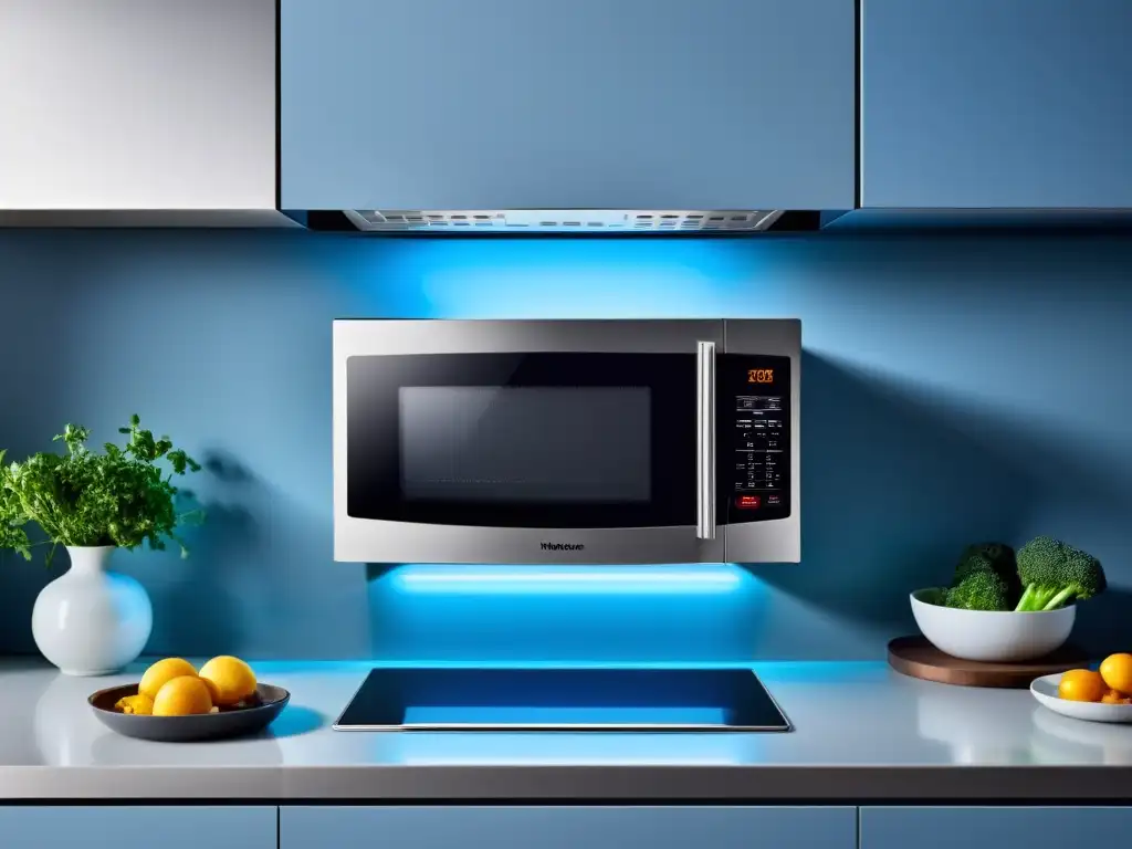 Un horno microondas moderno con pantalla digital y acabado de acero inoxidable, iluminado con luz azul, en una cocina sofisticada