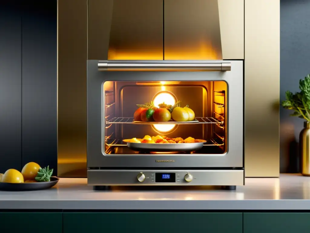 Horno de convección HIJ: Moderno y elegante, muestra delicias doradas y verduras asadas