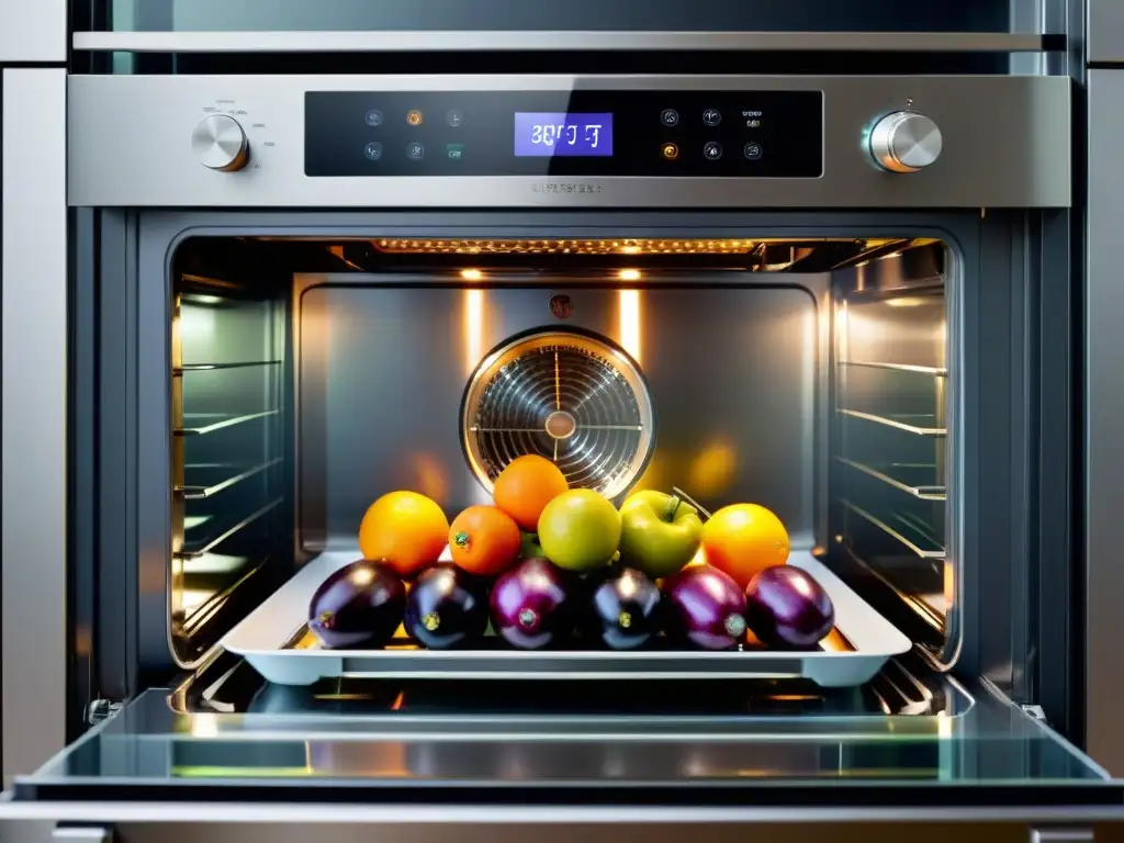 Un horno de convección moderno y elegante con tecnología de preservación de nutrientes, iluminado con luz cálida, asando delicadamente frutas y verduras coloridas