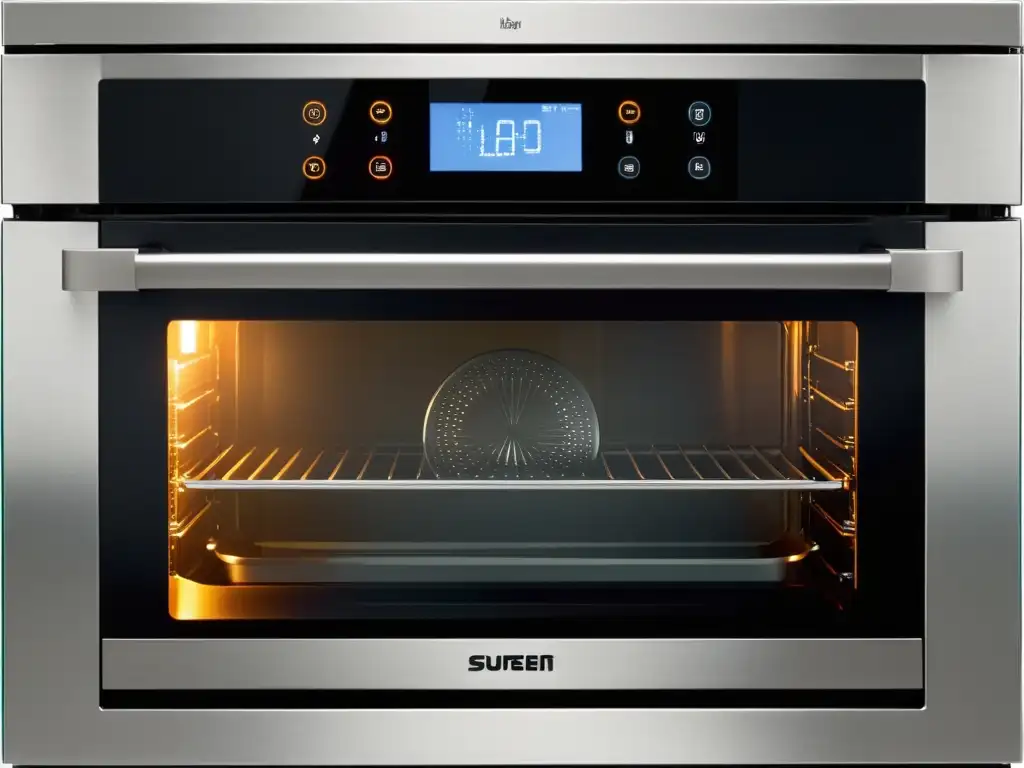 Un horno moderno y elegante con vinilos resistentes al calor para horno, iluminación brillante y panel de control digital