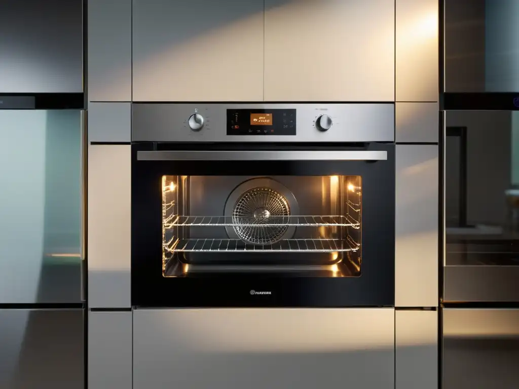 Un horno pirolítico autolimpiable moderno y elegante con puerta transparente, reluciendo en una cocina impecable y contemporánea