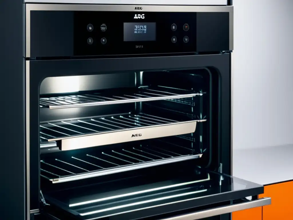 El horno pirolítico AEG BPS331120M muestra su interior reluciente y espacioso, resaltando su tecnología moderna y diseño sofisticado