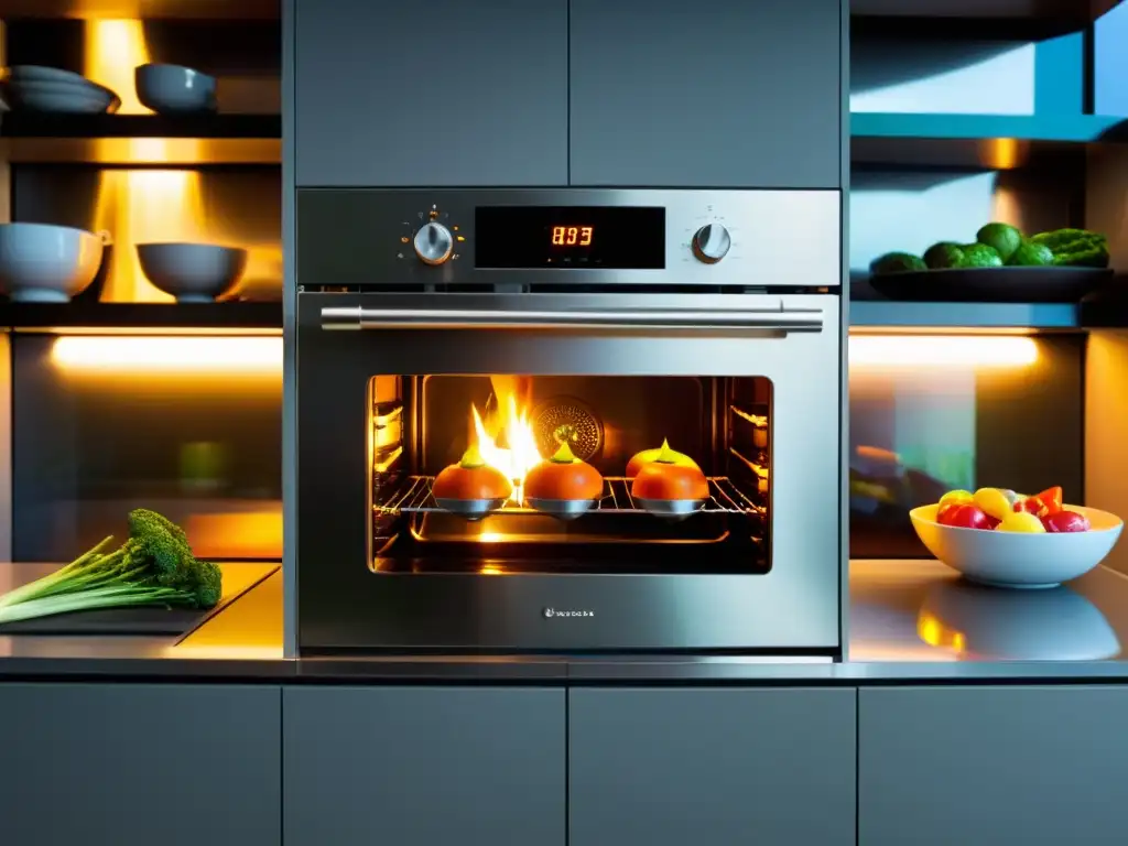 Horno pirolítico moderno: cocina espectacular Un horno pirolítico moderno y elegante muestra su interior con intensas llamas, cocinando una variedad de alimentos frescos