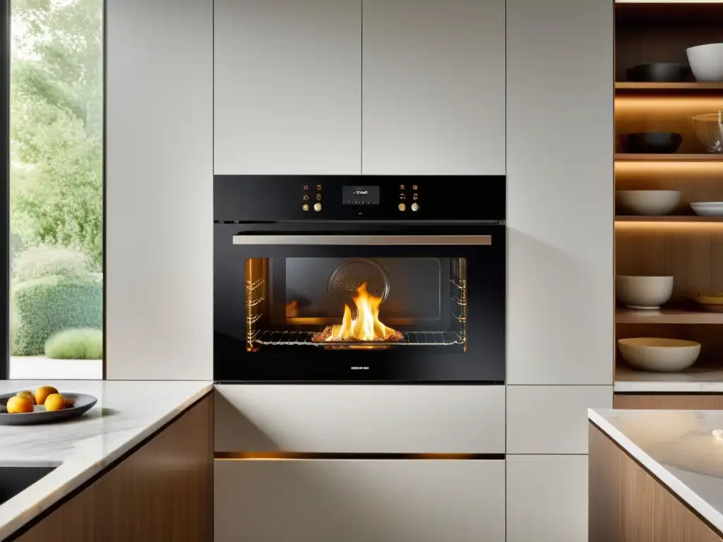 Chef experto: horno pirolítico para cocina moderna Un horno pirolítico moderno y elegante iluminado, resalta los beneficios de los hornos pirolíticos en la cocina diaria