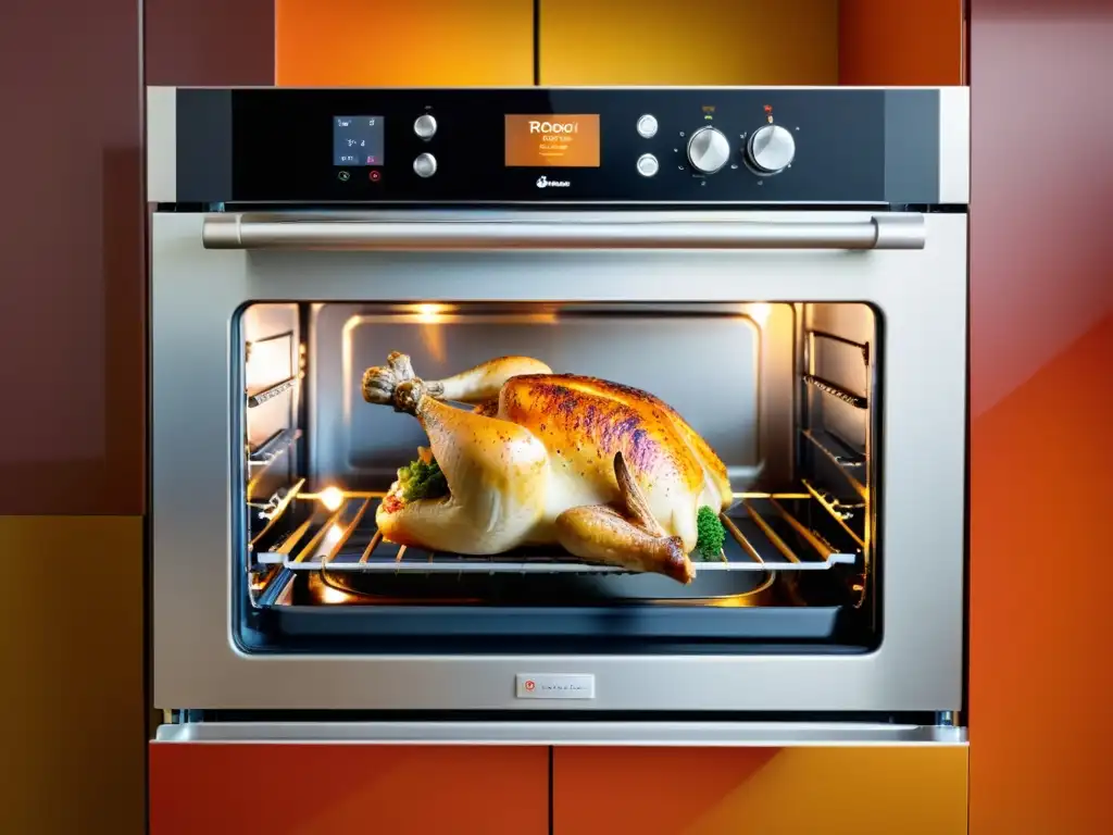 Horno pirolítico moderno con pollo asado y verduras Un horno pirolítico moderno y elegante con pollo asado y verduras, iluminado con luz cálida