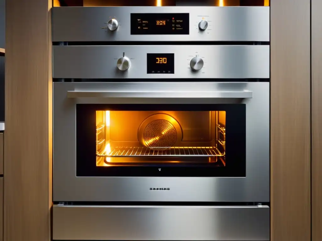 Horno pirolítico moderno con diseño sofisticado y eficiente Un horno pirolítico moderno y elegante con puerta de cristal, iluminación brillante y controles táctiles