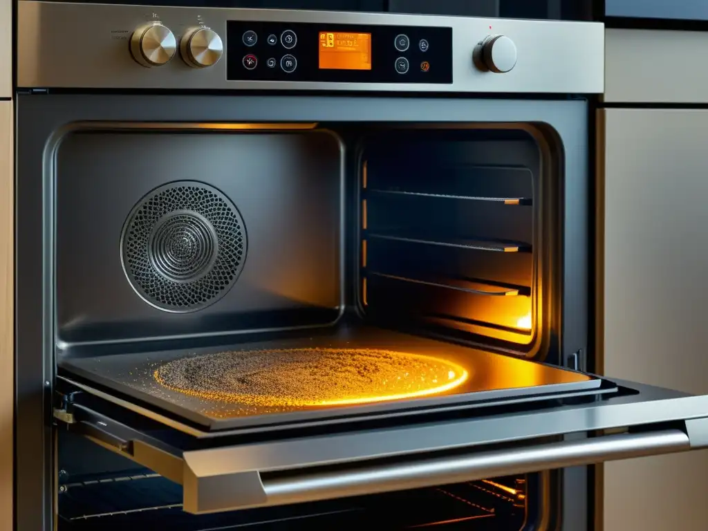 Un horno pirolítico moderno en plena limpieza, mostrando el intenso calor y el proceso de transformación