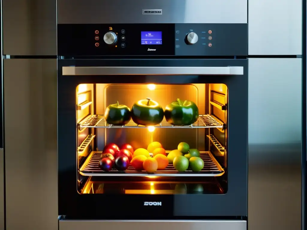 Un horno tecnológico preserva nutrientes con alimentos vibrantes y coloridos en su interior iluminado