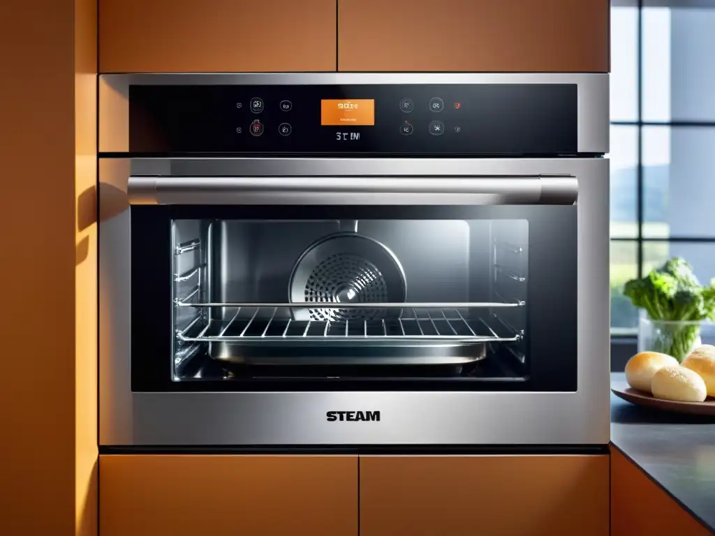 Horno de última generación con vapor cocinando una deliciosa comida, con diseño elegante y minimalista, panel digital y puerta de vidrio