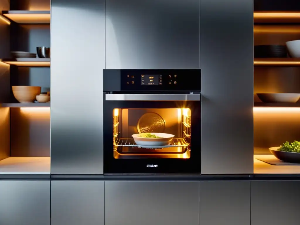 Horno de última generación con vapor, integrado en una cocina moderna, iluminado con LED y mostrando un exquisito plato cocinado