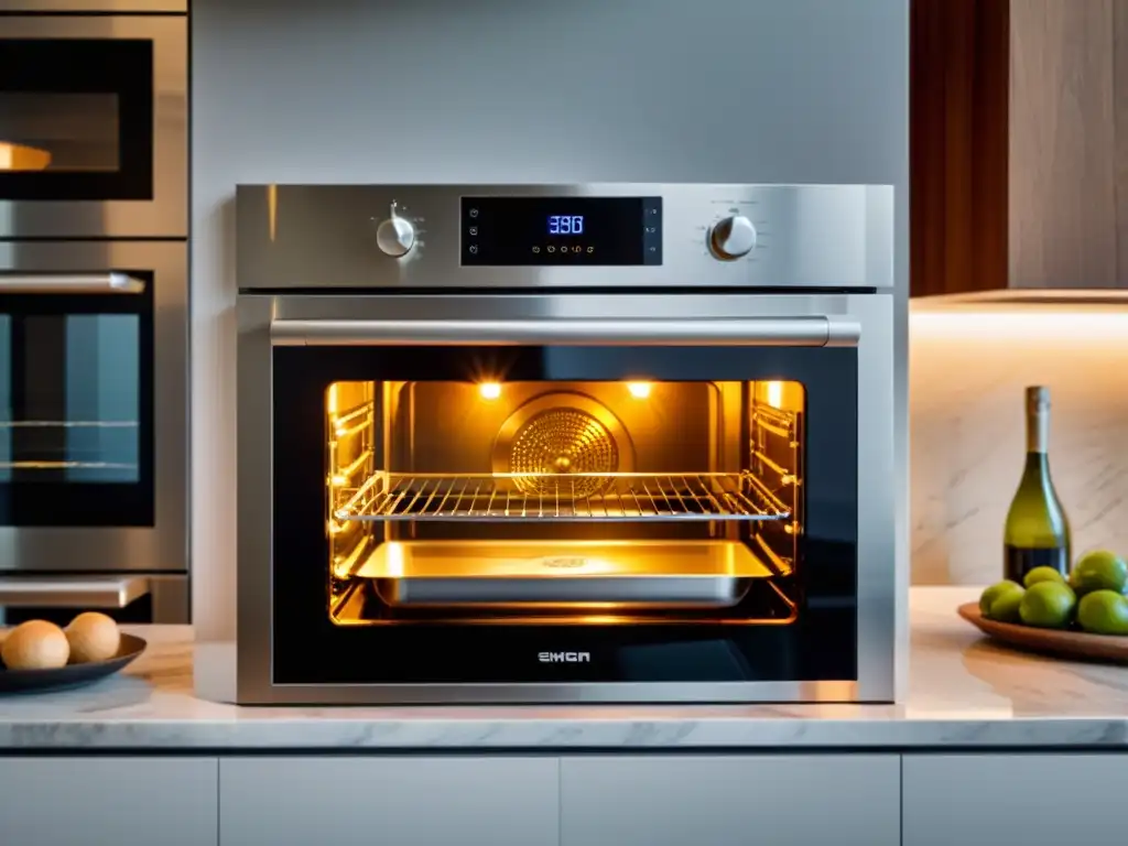 Innovación en hornos de lujo: Horno moderno con pantalla digital y controles táctiles, en una cocina contemporánea elegante con iluminación ambiental