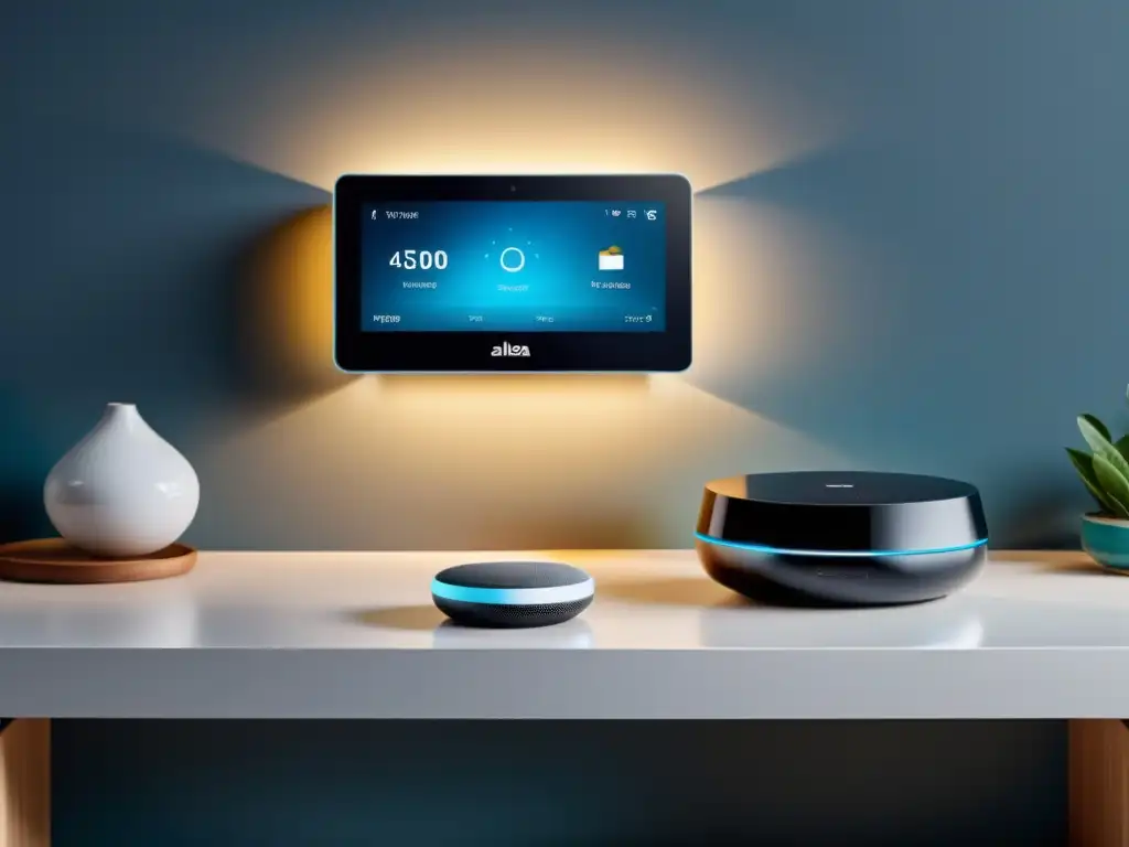 Hub de hogar inteligente con dispositivos compatibles con Alexa en un espacio moderno y elegante