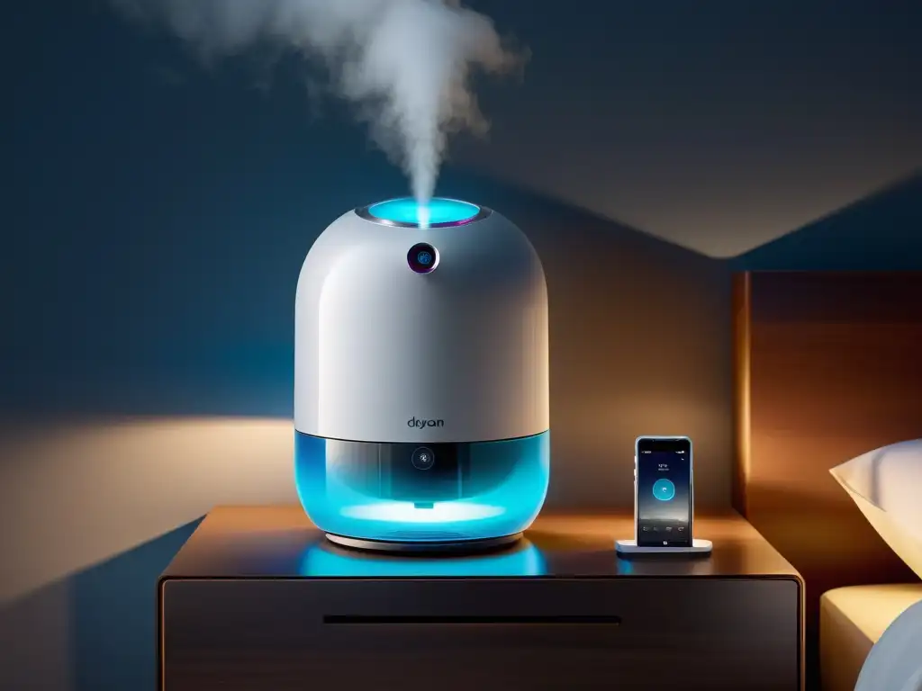 Un humidificador Dyson Humidify+Cool moderno y elegante en una mesa de noche, rodeado de suave iluminación ambiental