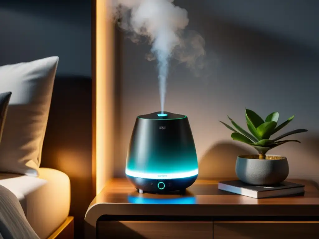 Un humidificador moderno y elegante en una mesita de noche, emanando una luz cálida y reconfortante