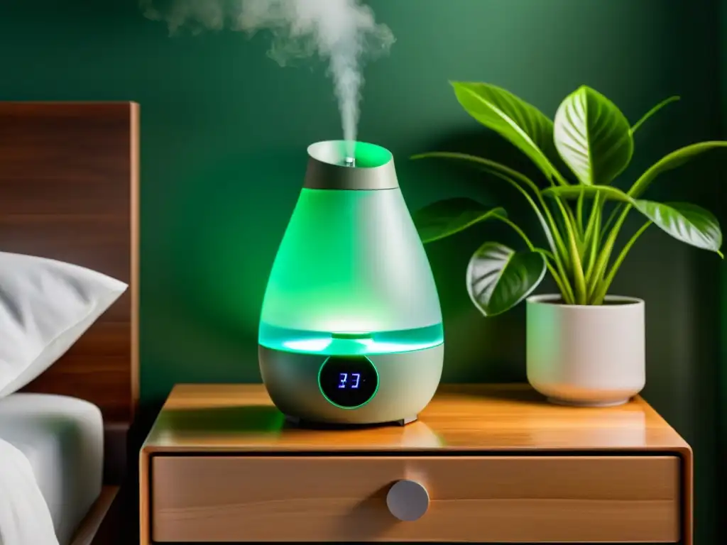 Un humidificador moderno emite un fresco vapor en un ambiente sereno y refrescante, rodeado de plantas verdes