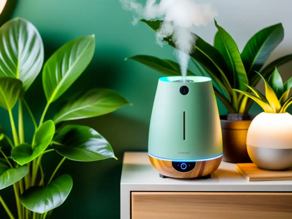 Un humidificador ultrasónico moderno mejora el ambiente con purificador de aire, rodeado de plantas verdes exuberantes