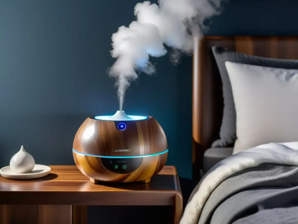 Un humidificador ultrasónico moderno en un dormitorio acogedor, iluminado por su suave luz LED