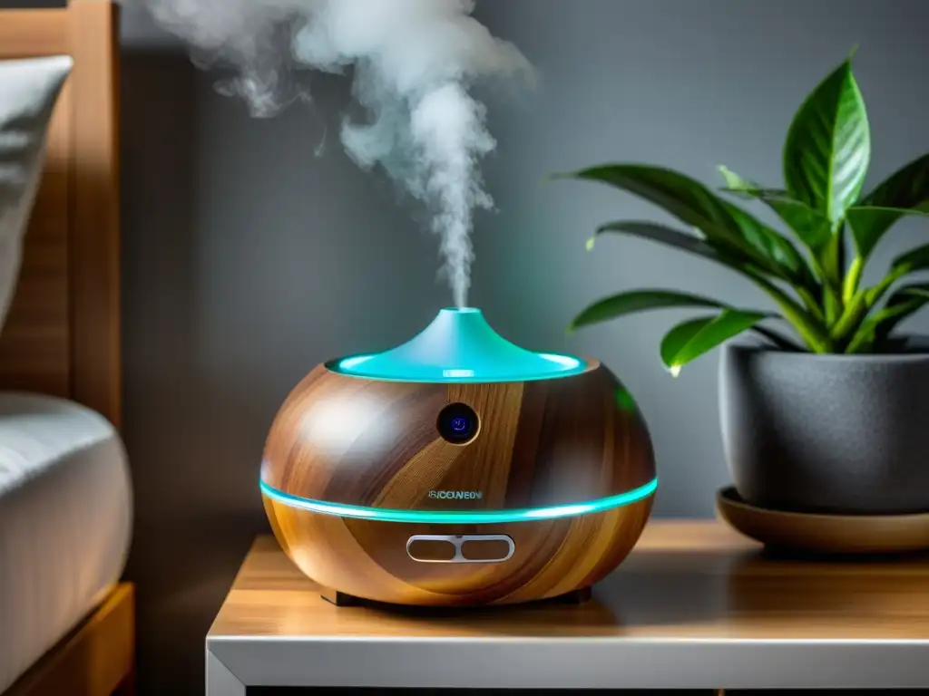 Un humidificador ultrasónico moderno en una mesa de noche de madera, emitiendo una suave neblina y creando una atmósfera acogedora con sus luces LED