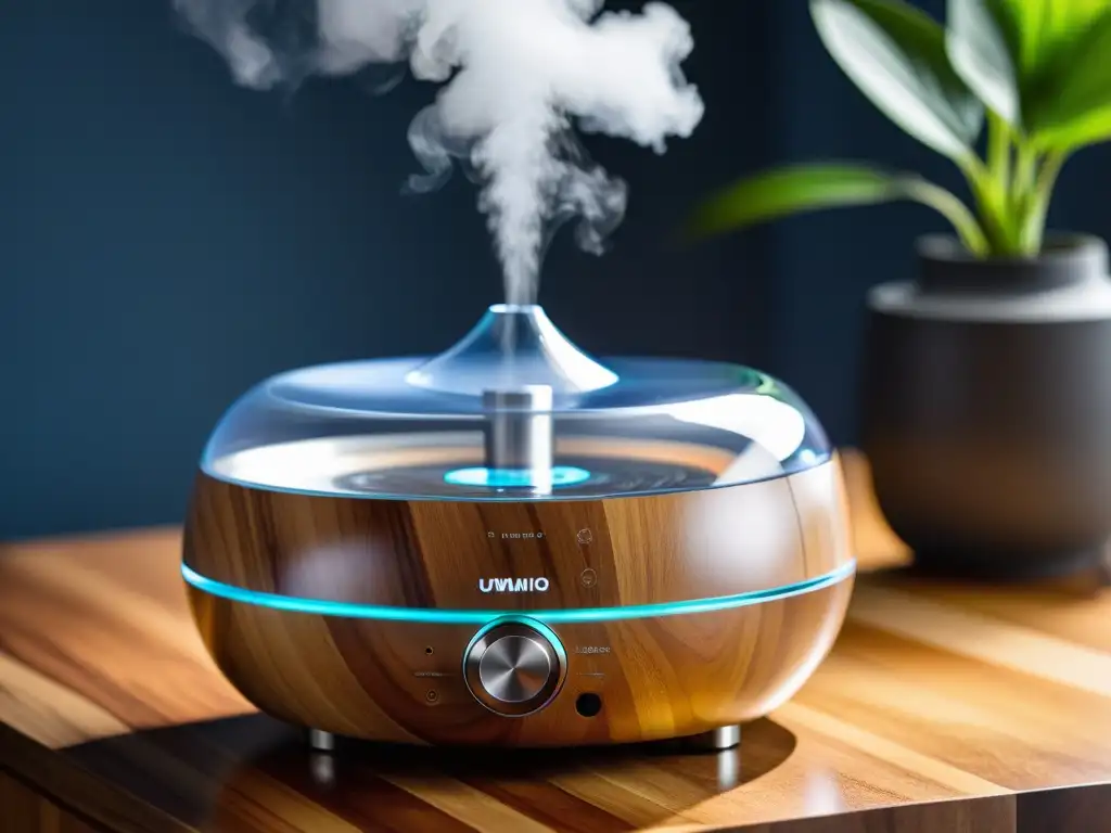 Un humidificador ultrasónico moderno en una mesa de madera, emitiendo una suave neblina