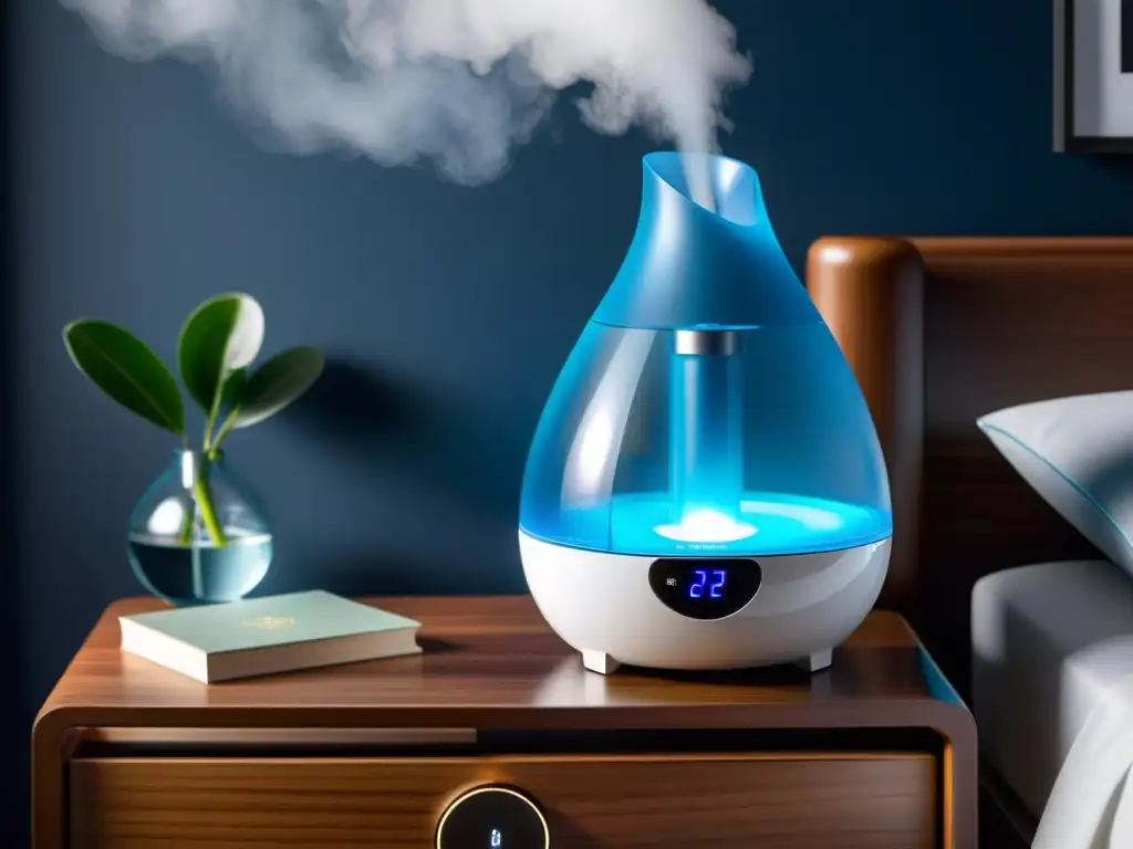 Un humidificador ultrasónico moderno en una mesita de noche de madera, creando un ambiente acogedor con su suave bruma fresca